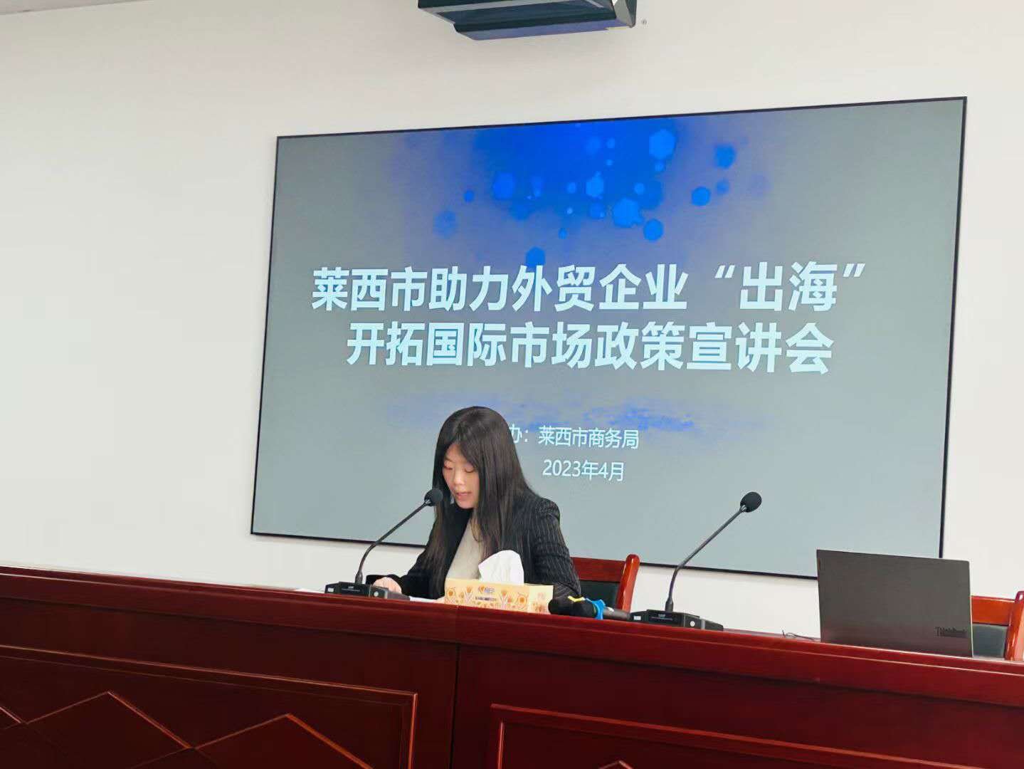 Ms. Diana Ding, CEO of Rheaura Group, speaking at the Laixi policy briefing for foreign trade enterprises going global, hosted by the Laixi Commerce Bureau